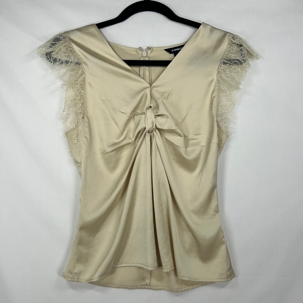 Express Champagne Satin Front Knot Eyelash Lace Trim Blouse – Size Small